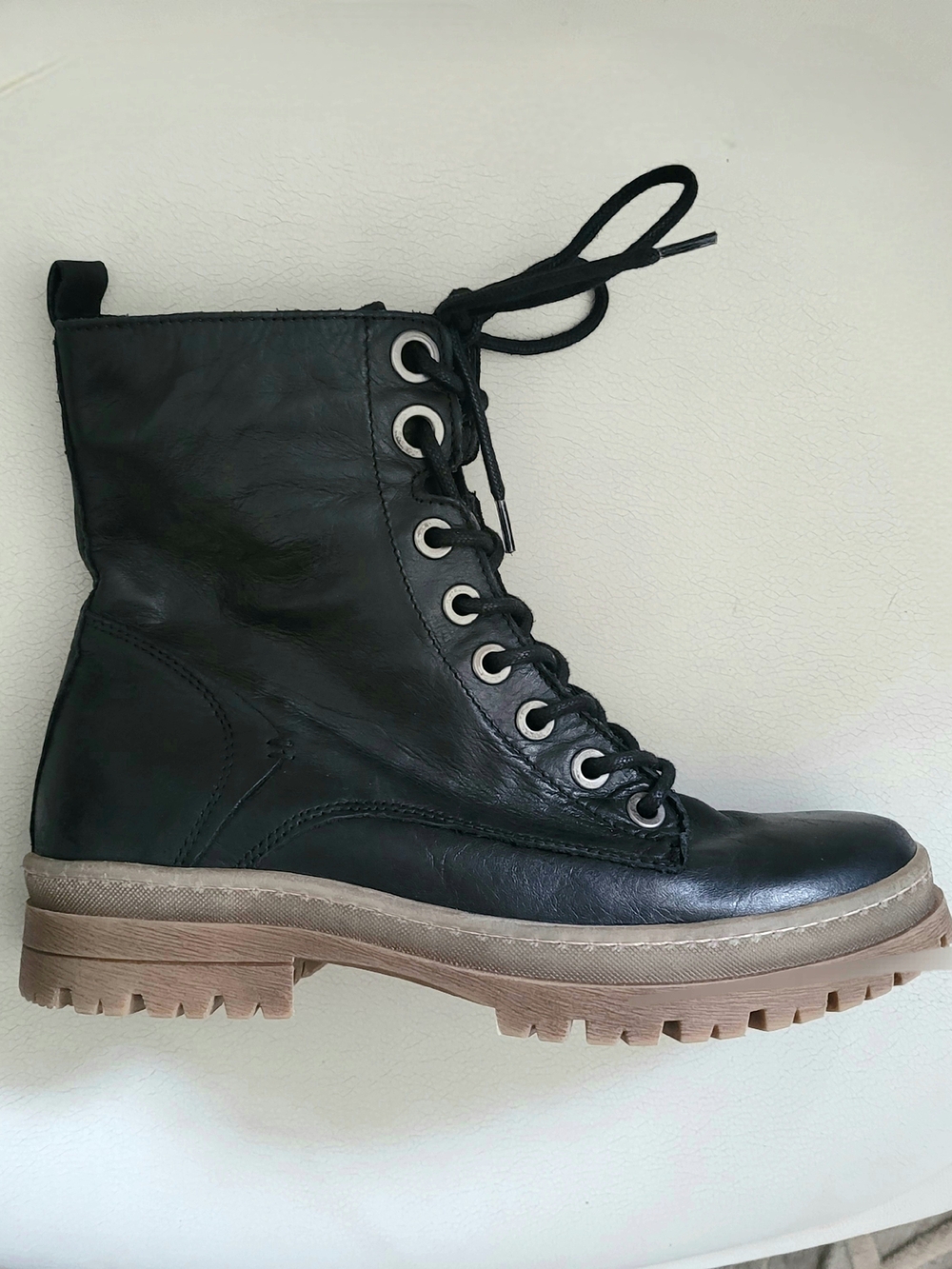Miz Mooz Black Leather Lace-Up Combat Boot with Tan Lug Sole